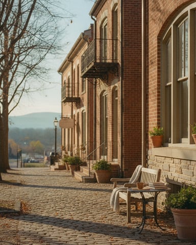 Brick row houses with wrought-iron balconies line a cobblestone street, with bare trees and mountains visible in the distance.