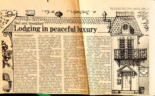 Newspaper article from The Cavalier Daily, April 5, 1985, about bed and breakfast lodging with illustrated header showing a country house